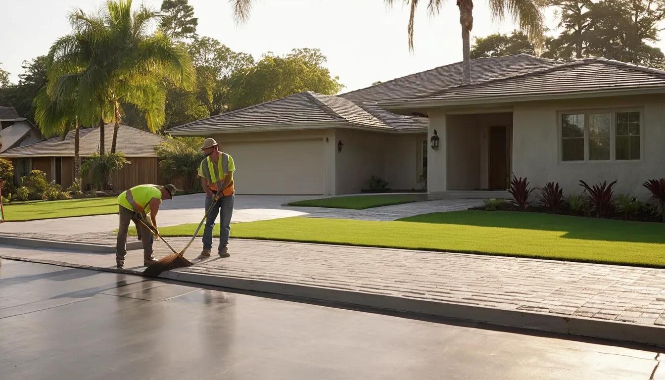 Fresh concrete driveway being finished beside a brick ranch home in Princeton