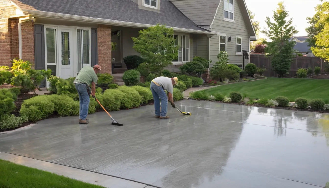 A freshly finished concrete patio behind a brick ranch home in Princeton, ready for outdoor furniture