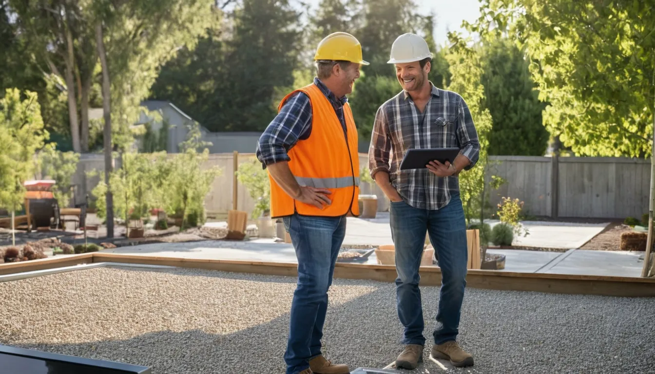 A homeowner reviewing a concrete patio plan with a local provider in the Princeton area