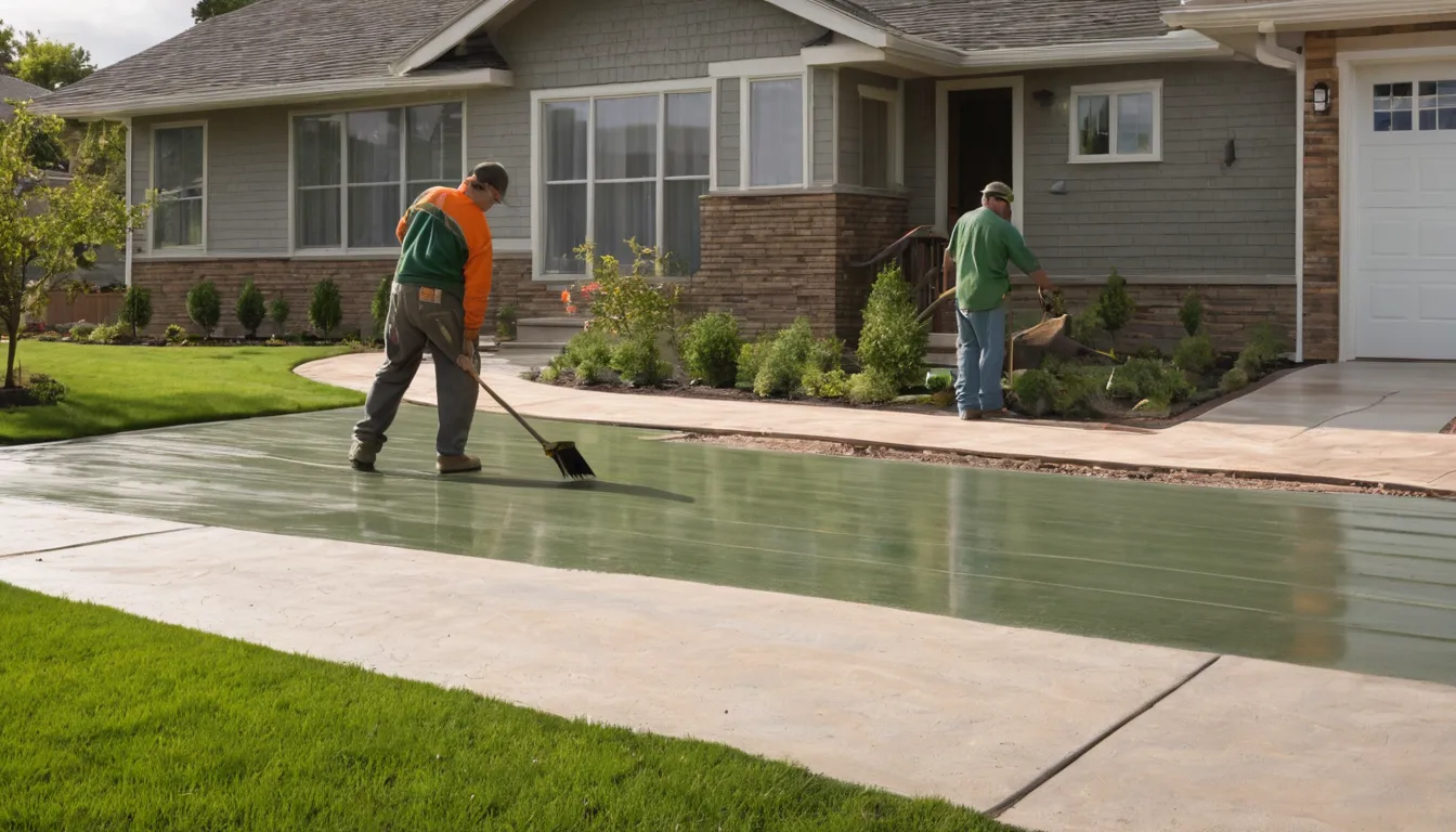 A smooth new concrete driveway in front of a brick ranch home in Princeton