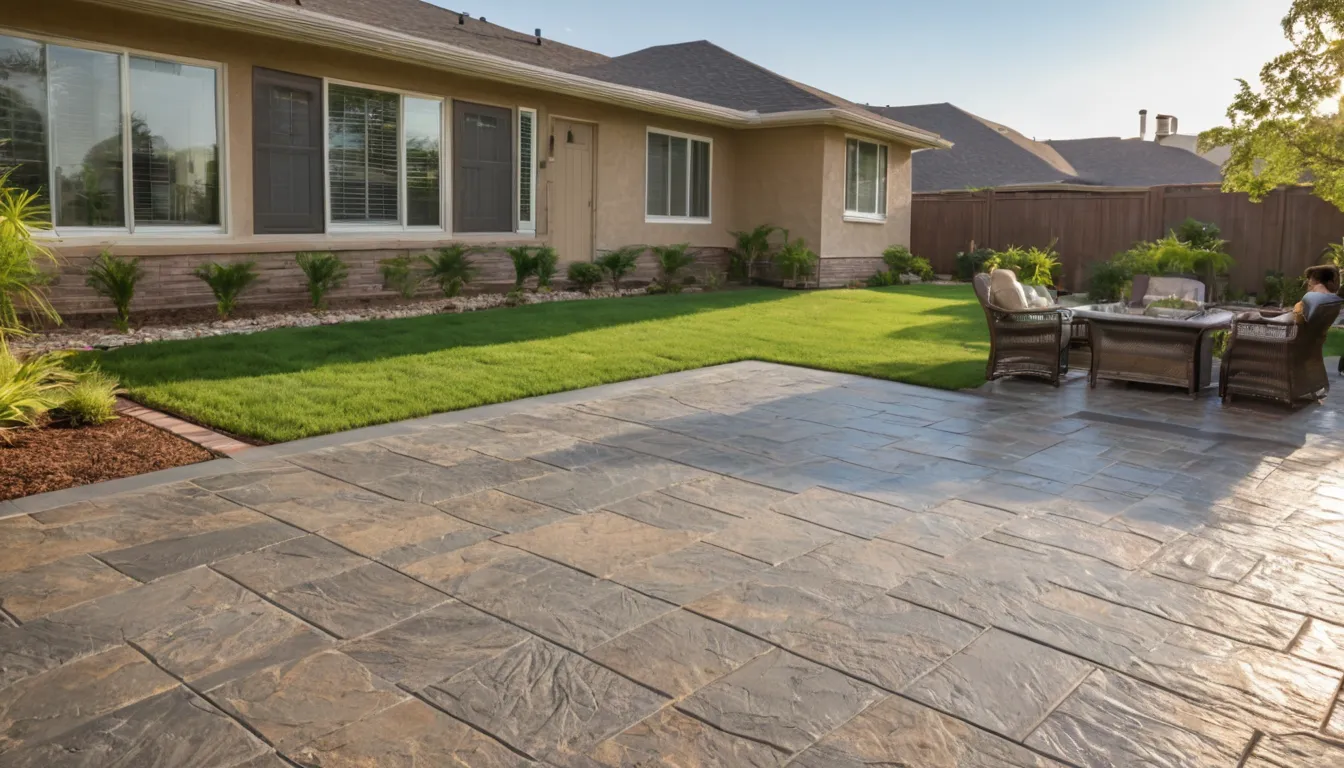 Newly finished stamped concrete patio with a stone pattern behind a brick ranch home in the Princeton area